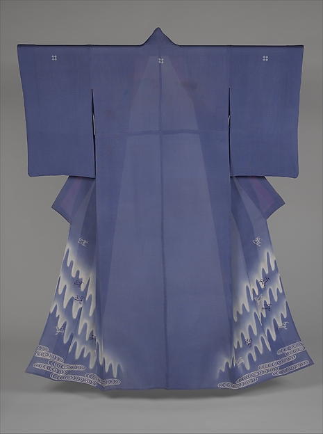 unlined summer kimono (hito-e) with plovers in flight over stylized waves