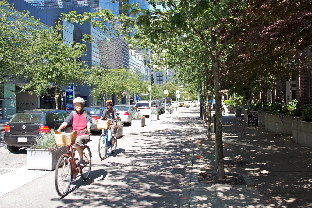 Older ladies riding the Hornby Separated Bike Lane