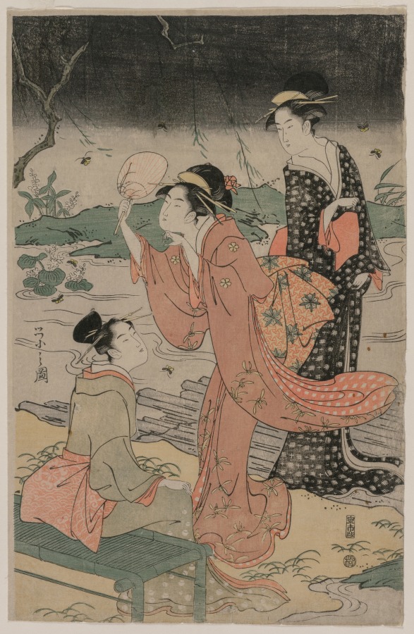 women beside a stream chasing fireflies