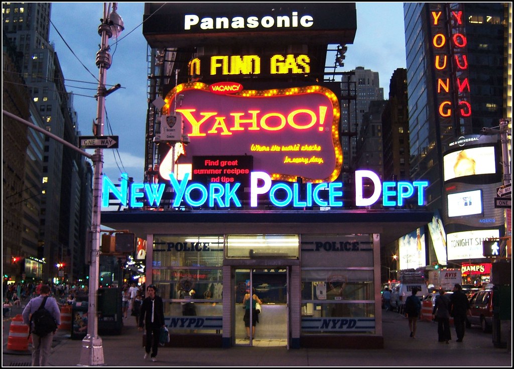 yahoo! nypd neon sign at times square, nyc