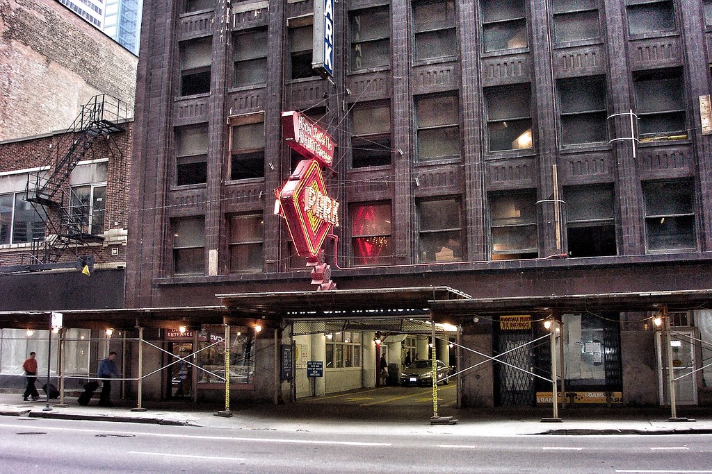 chicago illinois - hotel lasalle parking garage - neon sign with pointer…