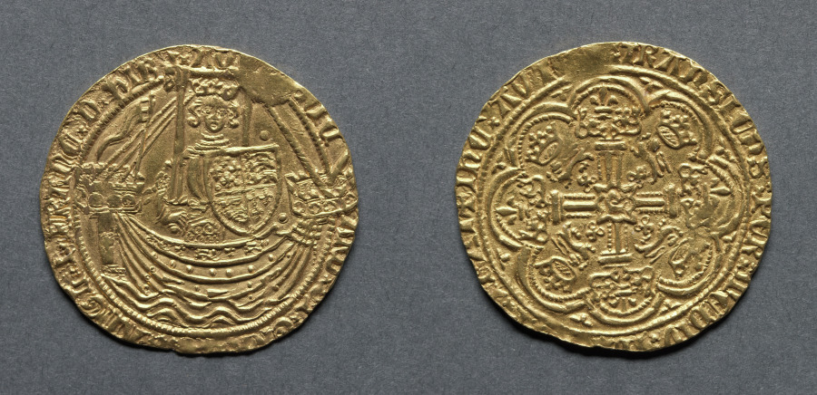 noble: richard ii standing on ship with shield of arms (obverse); ornamental…