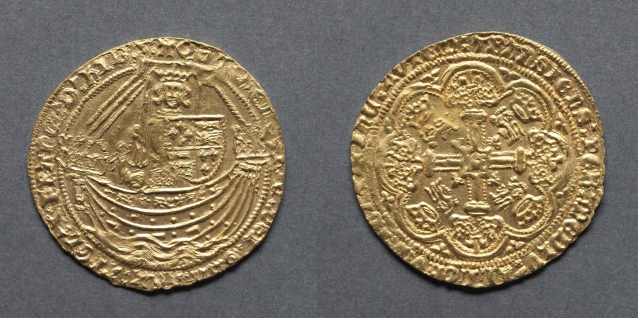 noble: henry v in ship with shield of arms (obverse); ornamental cross…
