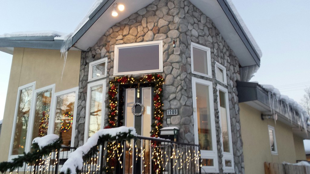 Detail of contemporary house architecture, Christmas morning, Anchorage, Alaska