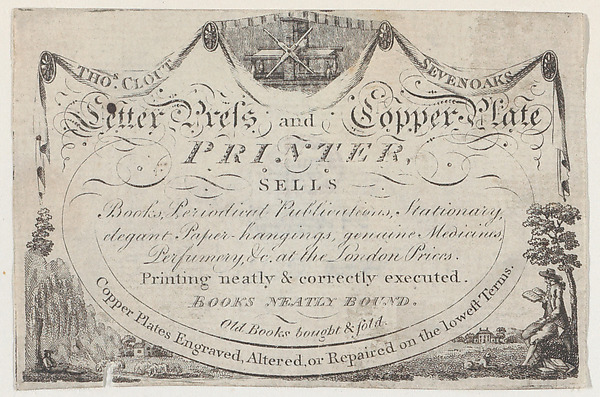 Trade card for Thomas Clout, printer