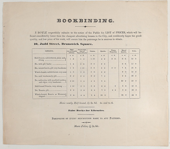 Trade card for J. Royle, bookbinder