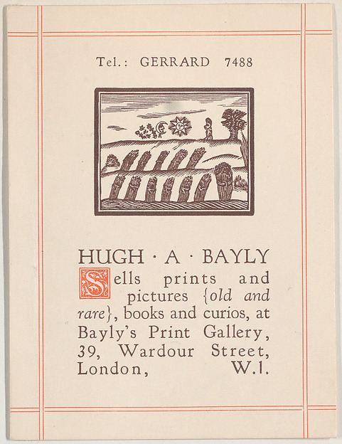 Trade card for Hugh A. Bayly, printseller
