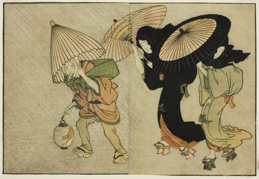 two women and attendant caught in a storm, from the illustrated book…