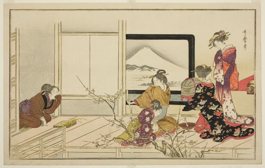 preparing food for a nightingale, from the illustrated kyoka anthology "men's stamping…