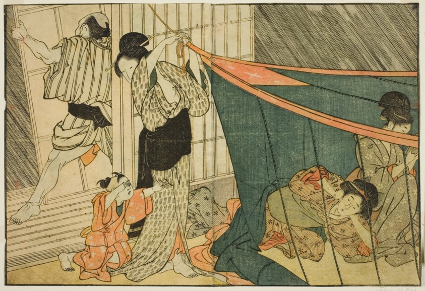 women inside a mosquito net during a thunderstorm, from the illustrated book…