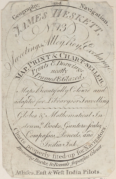 Trade Card for James Heskett, Map, Print, and Chart Seller