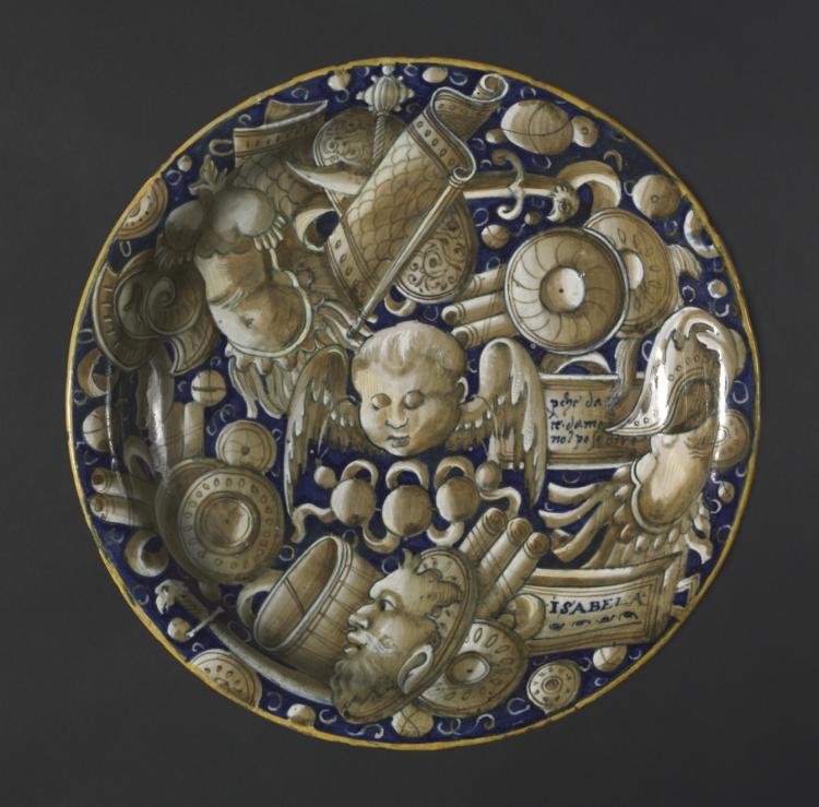 plate with putto, masques, and trophies